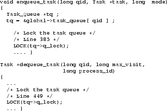 \begin{figure}{\scriptsize {\bfseries
\begin{verbatim}void enqueue_task(long q...
...ueue */
/* Line 449 */
LOCK(tq->q_lock);
... }\end{verbatim}
}}\end{figure}