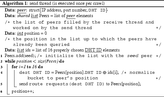 \begin{algorithm*}
% latex2html id marker 186\SetVline \dontprintsemicolon
\...
...+;
}
\par
\caption{send thread (is executed once per crawl)}
\end{algorithm*}