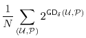 $\displaystyle \frac{1}{N} \sum_{(\ensuremath{\mathcal{U}},\P)} 2^{\ensuremath{\mathsf{GD}}_\delta(\ensuremath{\mathcal{U}},\P)}$