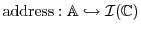 $\displaystyle \address:\mathbb{A} \hookrightarrow \mathcal{I}(\mathbb{C})$