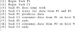 \begin{lstlisting}[breaklines=true,basicstyle=\scriptsize ,tabsize=2]
[t1] Begin...
...t8] Task C1 consumes data from P2 on host Y
[t9] Task C1 ends
:
\end{lstlisting}