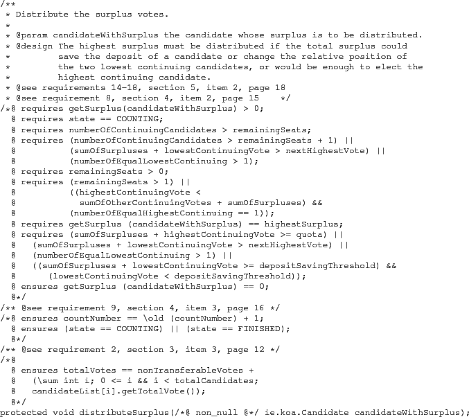 \begin{figure*}{\footnotesize
\begin{verbatim}/**
* Distribute the surplus...
...ll @*/ ie.koa.Candidate candidateWithSurplus);\end{verbatim}
}
\end{figure*}