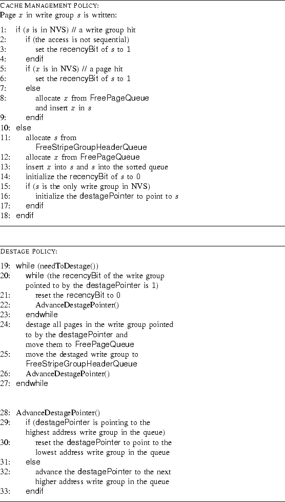 \begin{figure}\hrule\vspace*{1mm} {\small {\raggedright {\sc Cache Management
Po...
... write
group in the queue\\
33:\>\> {\sf endif}
\end{tabbing}\hrule\end{figure}