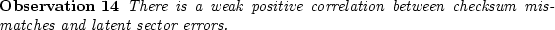 \begin{observe}
There is a weak positive correlation between checksum mismatches and latent sector errors.\end{observe}