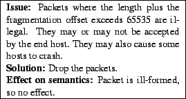 \framebox{\begin{minipage}[h]{0.45\textwidth}\small{\bf Issue:} Packets wher......r {\bf Effect on semantics:} Packet is ill-formed, so no effect.\end{minipage}}