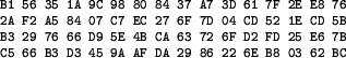 \begin{figure}\footnotesize\begin{verbatim}B1 56 35 1A 9C 98 80 84 37 A7......C5 66 B3 D3 45 9A AF DA 29 86 22 6E B8 03 62 BC\end{verbatim}\end{figure}