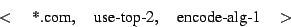 \begin{displaymath}< \quad \mbox{*.com}, \quad \mbox{use-top-2}, \quad
\mbox{encode-alg-1} \quad > \end{displaymath}