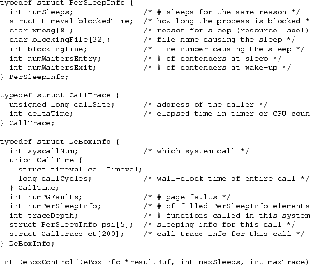 \begin{figure*}
{%\scriptsize\begin{verbatim}typedef struct PerSleepInfo {
...
...eps, int maxTrace);\end{verbatim}}
\vspace{-.125in}\vspace{-.125in}\end{figure*}