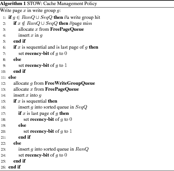 \begin{algorithm}
% latex2html id marker 341
[h!]
\caption{STOW: Cache Managemen...
...xtbf{recency-bit} of $g$\ to $0$
\ENDIF
\ENDIF
\end{algorithmic}\end{algorithm}