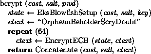 \begin{figure}
\hfil\vbox{\begin{tabbing}
\quad \= \quad \= \kill
bcrypt (\texti...
 ...\textit{cost}, \textit{salt}, \textit{ctext}) \\ \end{tabbing}}\hfil\end{figure}