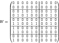 \begin{displaymath}
W = \begin{mymatrix}{cccccc\vert\vert cccc}
0 & 0 & 0 & 0 ...
...0 \\
1 & 0 & 0 & 0 & 1 & 0 & 0 & 0 & 0 & 0 \\
\end{mymatrix}\end{displaymath}