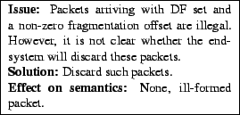 \framebox{\begin{minipage}[h]{0.45\textwidth}\small{\bf Issue:} Packets arriv......ackets.\par {\bf Effect on semantics:} None, ill-formed packet.\end{minipage}}