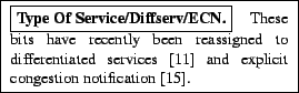 \framebox{\begin{minipage}[h]{0.45\textwidth}\small\framebox{\textbf{Type Of ......ffserv-RFC} and explicit congestion notification \cite{ecn-RFC}.\end{minipage}}