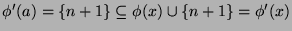$ \phi'(a) = \{n+1\} \subseteq \phi(x) \cup \{n+1\} =\phi'(x)$