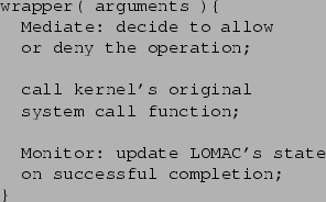 \begin{figure}\begin{center}\begin{verbatim}wrapper( arguments ){Mediate: d......LOMAC's stateon successful completion;}\end{verbatim}\end{center}\end{figure}
