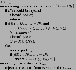 \begin{figure}{\footnotesize\begin{tabbing}$\mathcal{X} \leftarrow \{\}$;\\\p......$\forall IP_S \in \mathcal{X}$\ for $T_{reject}$;\\\end{tabbing}}\end{figure}