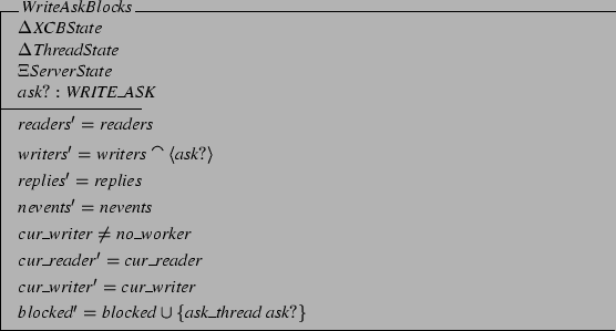 \begin{schema}{WriteAskBlocks}
\Delta XCBState \\
\Delta ThreadState \\
\Xi...
... cur\_writer
\also
blocked' = blocked \cup
\{ ask\_thread&nbsp;ask? \}
\end{schema}