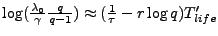$\log (\frac{\lambda_0}{\gamma} \frac{q}{q-1}) \approx (\frac{1}{\tau} - r \log q) T_{life}'$