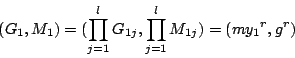 \begin{displaymath}(G_1, M_1) = (\prod_{j=1}^l G_{1j}, \prod_{j=1}^l M_{1j}) = (m{y_1}^r, g^r)\end{displaymath}