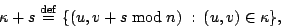\begin{displaymath}
\kappa+s \stackrel{\mathrm{def}}{=} \{(u,v+s\bmod{n})\ :\
(u,v)\in \kappa \},
\end{displaymath}