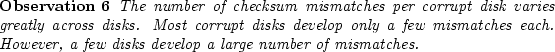 \begin{observe}
The number of checksum mismatches per corrupt disk\
varies grea...
...s each. However, a few disks develop a large number of mismatches.\end{observe}