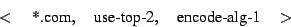 \begin{displaymath}< \quad \mbox{*.com}, \quad \mbox{use-top-2}, \quad
\mbox{encode-alg-1} \quad > \end{displaymath}