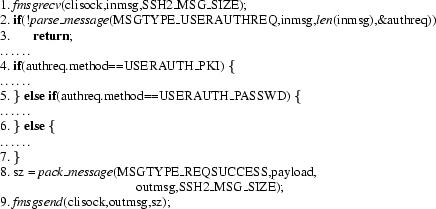 \begin{figure}\scriptsize 1.~\textit{fmsgrecv}(clisock,inmsg,SSH2\_MSG\_SIZE);\\...
...sg,SSH2\_MSG\_SIZE);\\
9.~\textit{fmsgsend}(clisock,outmsg,sz);\\
\end{figure}