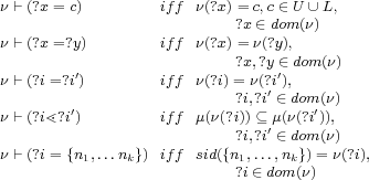 ν ⊢(?x= c)        iff ν(?x)= c,c ∈U ∪ L,
                           ?x∈ dom (ν)
ν ⊢(?x=?y)        iff ν(?x)= ν(?y),
         ′                 ?x,?y ∈′dom (ν)
ν ⊢(?i=?i)        iff ν(?i) =?νi,(??i′i ∈),dom(ν)
ν ⊢(?i⋖?i′)        iff μ(ν(?i))⊆ μ(ν(?i′)),
                           ?i,?i′ ∈ dom(ν)
ν ⊢(?i= {n1,...nk}) iff sid({n1,...,nk})= ν(?i),
                           ?i∈dom (ν)
   