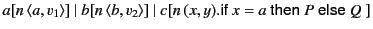 $\displaystyle a[n \langle a,v_1\rangle ]&nbsp;\vert&nbsp;b[n \langle b,v_2\rangle ]&nbsp;\vert&nbsp; c[n (x,y).\textsf{if}&nbsp;x=a&nbsp;\textsf{then}&nbsp;P&nbsp;\textsf{else}&nbsp;Q&nbsp;]$