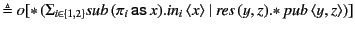 $\displaystyle \triangleq o[\mathopen{*} (\Sigma_{i \in \{1,2\}}\mathit{sub} (...
...x\rangle&nbsp;\vert&nbsp;\mathit{res} (y, z). \mathopen{*} pub \langle y, z\rangle )]$