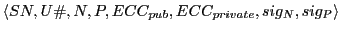$ \langle SN, U\char93 , N, P, ECC_{pub}, ECC_{private}, sig_{N}, sig_{P} \rangle$