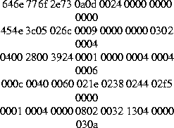 \begin{figure}
\centering
646e 776f 2e73 0a0d 0024 0000 0000 0000\\
454e 3c05 0...
...e 0238 0244 02f5 0000\\
0001 0004 0000 0802 0032 1304 0000 030a\\
\end{figure}