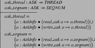 \begin{axdef}
ask\_thread: ASK \pfun THREAD \\
ask\_seqnum: ASK \pfun SEQNUM
...
...\} \cup \\
\t1 \{ a: AskInfo @
(write\_ask&nbsp;a \mapsto a.seqnum) \}
\end{axdef}