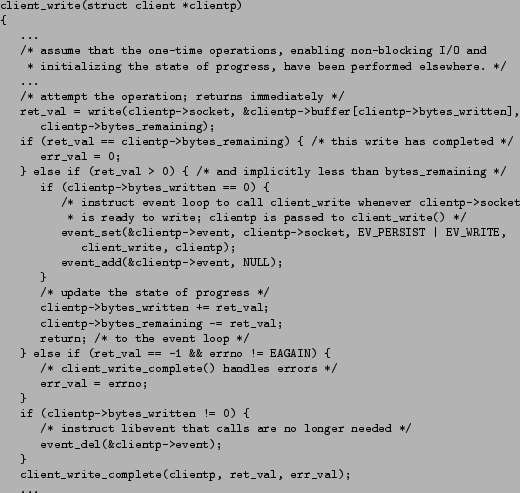 \begin{figure*}\footnotesize\begin{verbatim}client_write(struct client *client...
...lient_write_complete(clientp, ret_val, err_val);
...\end{verbatim}\end{figure*}