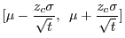 $\displaystyle [\mu - \frac{z_{c}\sigma}{\sqrt{t}}, ~~ \mu + \frac{z_{c}\sigma}{\sqrt{t}}]$