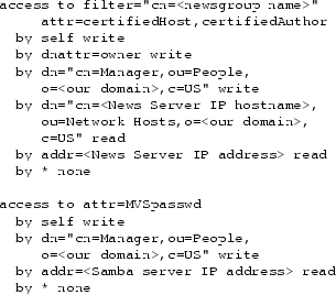 \begin{figure}
{\footnotesize\begin{verbatim}access to filter=''cn=<newsgroup...
... server IP address> read
by * none\end{verbatim}}
\vspace{-0.20in}
\end{figure}