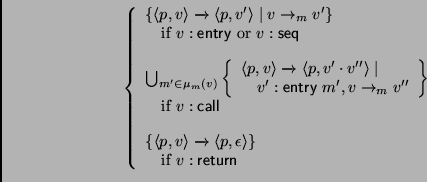 \begin{displaymath}
\left\{
\begin{array}{l}
\left\{ \ensuremath{{\left< p, v \r...
...\
\quad\mbox{if $v : \mbox{\sf return}$}
\end{array}\right.
\end{displaymath}