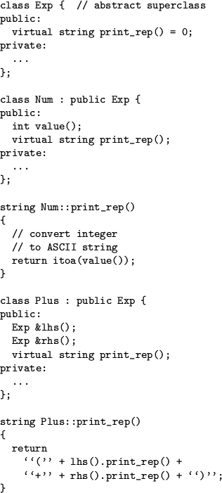 \begin{figure}
\begin{center}
\begin{verbatim}class Exp { // abstract supercla...
...() +
\lq\lq +'' + rhs().print_rep() + \lq\lq )'';
}\end{verbatim}\end{center}\end{figure}