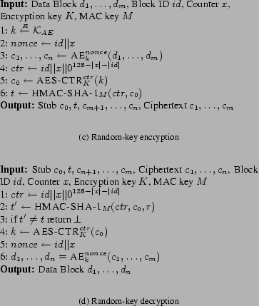 \begin{figure*}\begin{center}
\par
\subfigure[Random-key encryption]{
\parbox[]{...
...$\\
{\bf Output:} Data Block $d_1,\ldots,d_n$\\
}
}\end{center}\end{figure*}