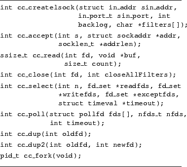 \begin{figure}{
\rule{3.2in}{0.01in}
\par
\small\tt
int cc\_createlsock(struct i...
...rk(void);
\par
\rule{3.2in}{0.01in}
}
\par
\vspace{-.1in}
\par
\par
\end{figure}