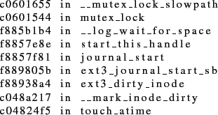 \begin{lstlisting}
c0601655 in __mutex_lock_slowpath
c0601544 in mutex_lock
f885...
...ty_inode
c048a217 in __mark_inode_dirty
c04824f5 in touch_atime
\end{lstlisting}