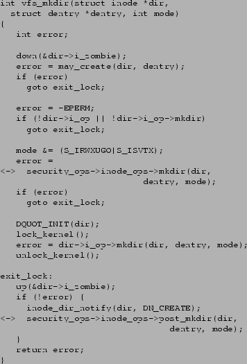 \begin{figure}\begin{center}
\begin{footnotesize}
\begin{verbatim}int vfs_mkdi...
...de);
}
return error;
}\end{verbatim}\end{footnotesize}\end{center}\end{figure}