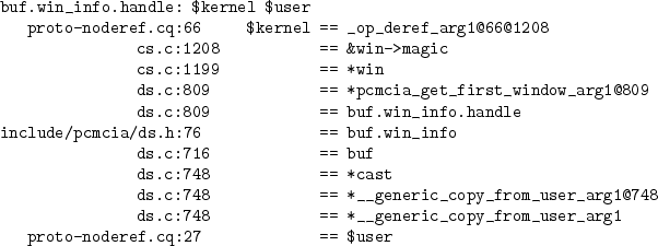 \begin{figure*}\begin{verbatim}buf.win_info.handle: $kernel $user
proto-nod...
...ric_copy_from_user_arg1
proto-noderef.cq:27 == $user\end{verbatim}\end{figure*}