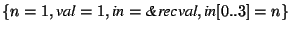 $\{n=1, \textit{val}=1, \textit{in}=\textit{\&recval}, \textit{in}[0..3]=n\}$