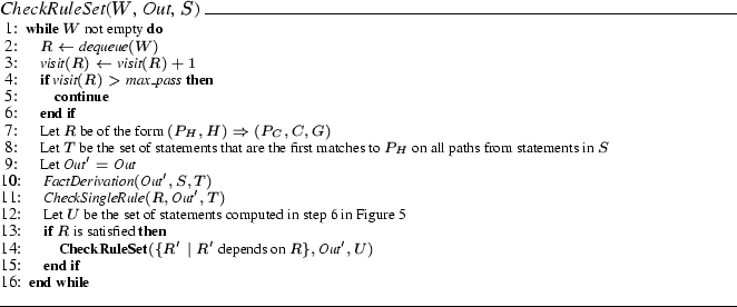 \begin{figure}
% latex2html id marker 428
\small\textit{CheckRuleSet}($W$, $\tex...
...} R\},\textit{Out}',U)$\ENDIF
\ENDWHILE
\end{algorithmic}\hrulefill
\end{figure}