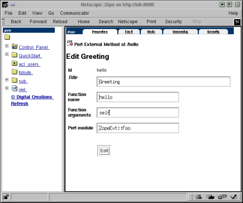 [Zope screendump of external perl method
management interface]