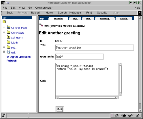 [Zope screendump of internal perl method
management interface]