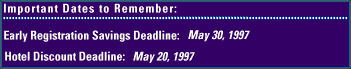 IMPORTANT DATES: Early Reg Deadline May 30, 1997, Hotel Discount Deadline May 20, 1997