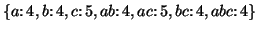 $\{a \colon 4, b \colon
4, c \colon 5, ab \colon 4, ac \colon 5, bc \colon 4, abc \colon 4\}$