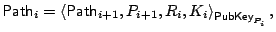 $\displaystyle \mathsf{Path}_i = \left<\mathsf{Path}_{i+1}, P_{i+1}, R_i,
K_i\right>_{\mathsf{PubKey}_{P_i}},$